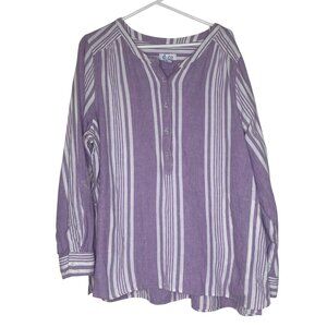 D & Co Linen Blend Blouse Womens XL Purple Striped Tunic Top  Roll Tab Sleeves R